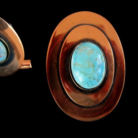 Vintage copper & turquoise brooch/pendant & cufflink set - unisex -MCM to Modern - Picture 5 of 9